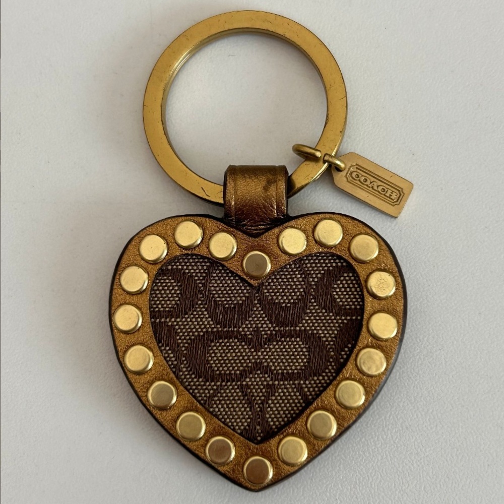 Coach Brown Heart Keychain with Gold Studs